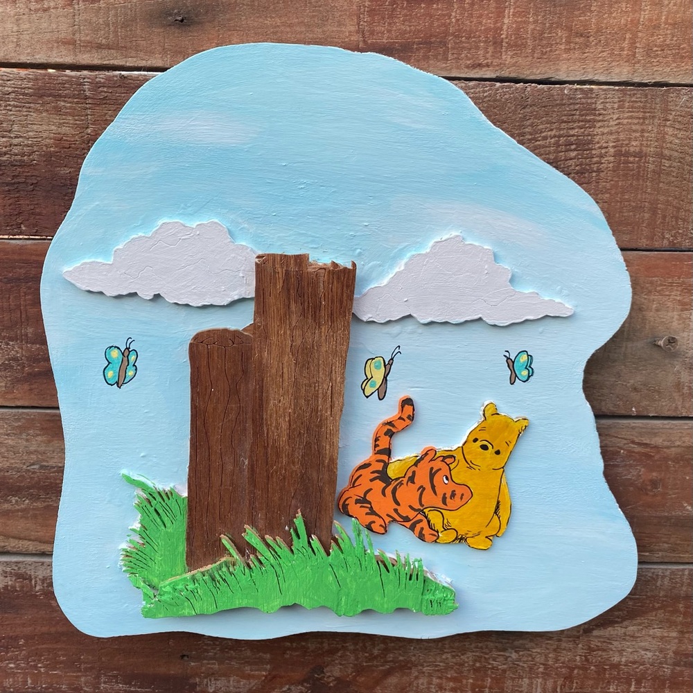 Winnie The Pooh and Tiger 3D Hand Painted Acrylic and Carving on Wood